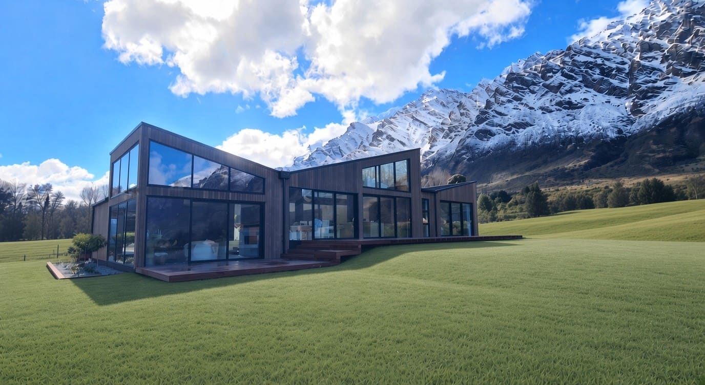 The house from the lawn, a low glazed form beneath the Remarkables